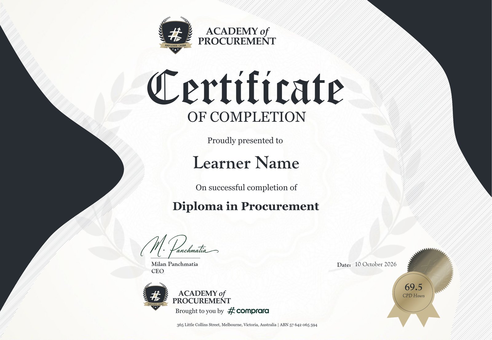 An example Academy of Procurement certificate for the Diploma in Procurement, 69.5 CPD hours, signed by the Chief Executive Officer